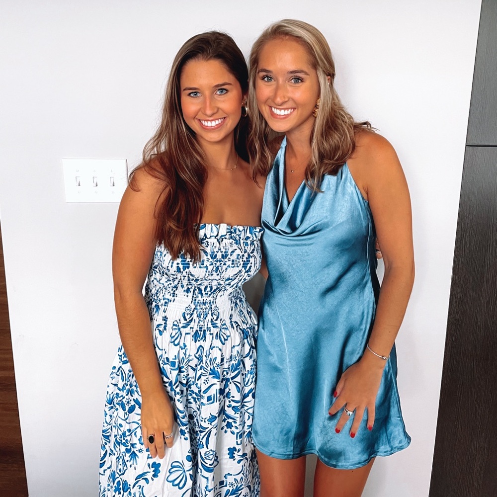 H&M Blue Satin Strapless Mini Dress